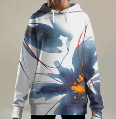 Темно синие цветы с оранжевым центром и красными акцентами на белом фоне, Hoodie Long Oversize 3D