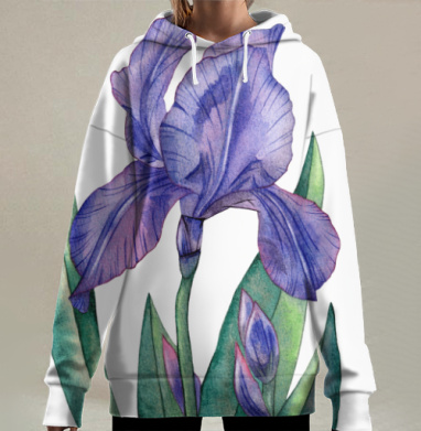 Акварельный синий фиолетовый ирис с зелеными листьями, Hoodie Long Oversize 3D