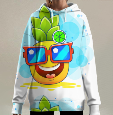 Веселый ананас в очках с лаймом над головой на сером фоне, Hoodie Long Oversize 3D