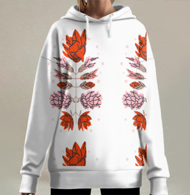 Красные и розовые цветы с листьями на белом фоне, Hoodie Long Oversize 3D