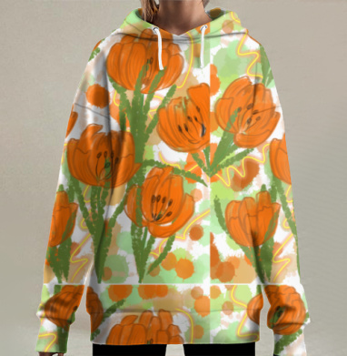 Оранжевые яркие цветы весенний букет для настроения, Hoodie Long Oversize 3D