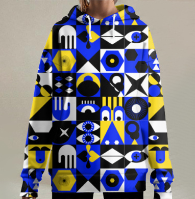Геометрическая головоломка в синих и желтых тонах, Hoodie Long Oversize 3D