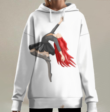 Девушка с ярко красными волосами танцует па в прыжке, Hoodie Long Oversize 3D