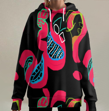 Яркие абстрактные формы красного и синего цвета движения и гармонии, Hoodie Long Oversize 3D