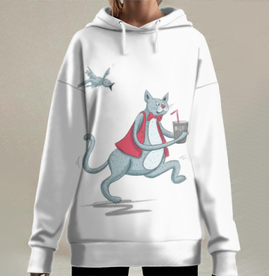 Веселая иллюстрация кота с молоком и птицей в погоне, Hoodie Long Oversize 3D