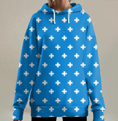 Синий фон белый плюс узор бесконечный, Hoodie Long Oversize 3D