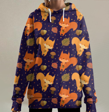 Уютный детский паттерн с рыжими белками и осенью, Hoodie Long Oversize 3D