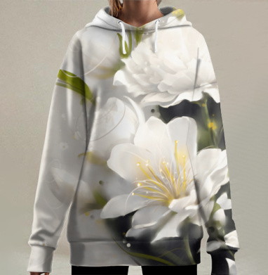 Белые цветы с зеленью в весеннем цветущем саду, Hoodie Long Oversize 3D