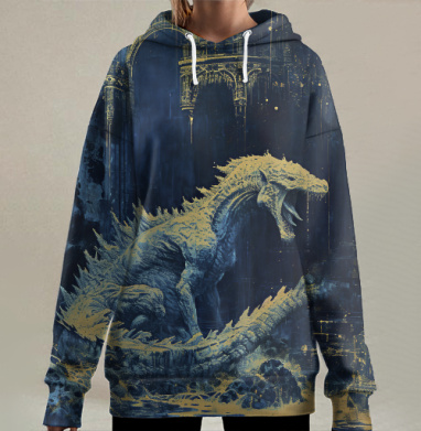 Белый дракон сидит среди древних руин величественного храма, Hoodie Long Oversize 3D