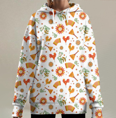 Веселая Масленица с петухами балалайкой и солнцем, Hoodie Long Oversize 3D