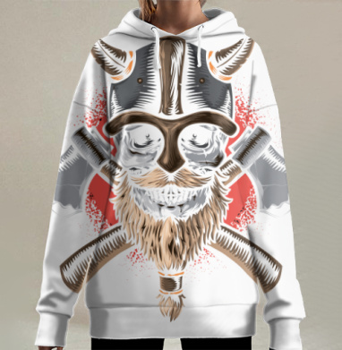 Боевой череп викинга с топорами рыжеватая борода, Hoodie Long Oversize 3D