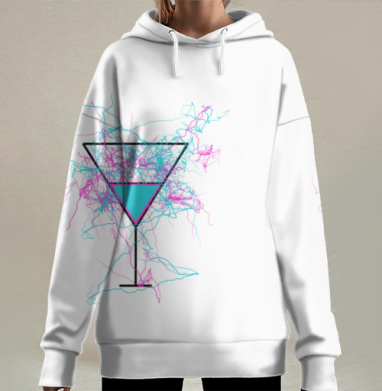 Голубой бокал с розово голубыми линиями вокруг на белом фоне, Hoodie Long Oversize 3D