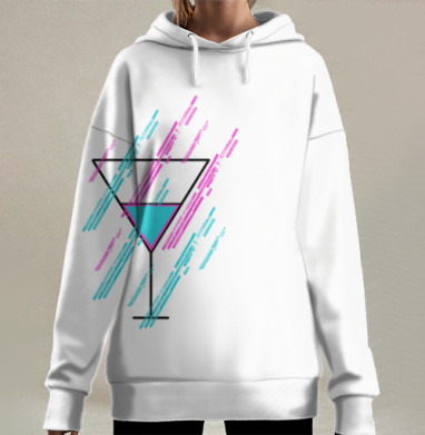 Голубой Розовый Бокал Мартини на Светло Сером фоне, Hoodie Long Oversize 3D