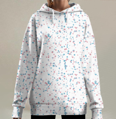 Брызги голубого и розового на сером фоне, Hoodie Long Oversize 3D