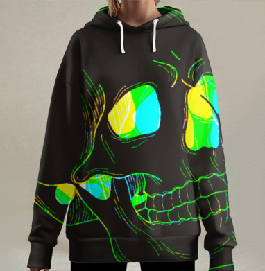 Неоновый череп с абстрактными акцентами и футуристическим эффектом, Hoodie Long Oversize 3D
