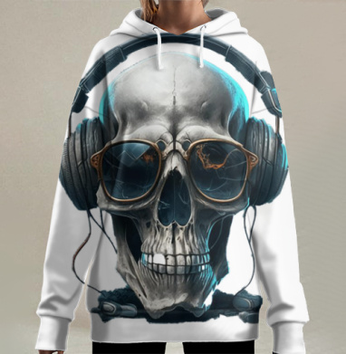 Череп с наушниками и очками музыка и стиль навсегда, Hoodie Long Oversize 3D
