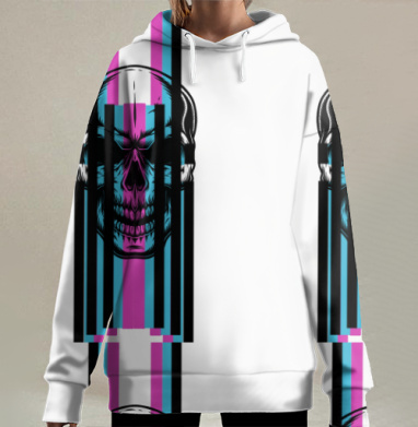 Череп с абстрактными цветными полосами искажения, Hoodie Long Oversize 3D