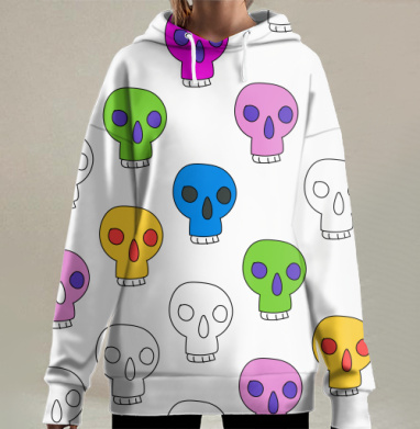 Яркие черепа разноцветные на сером фоне на сером фоне, Hoodie Long Oversize 3D