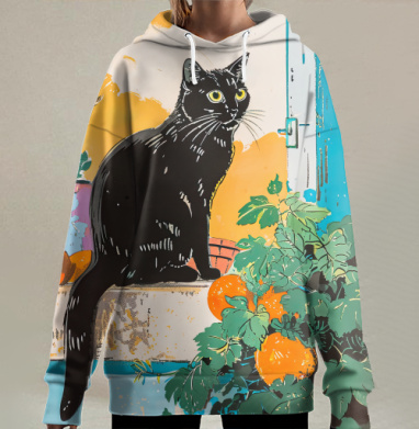 Черный кот среди апельсинов и зелени на улице, Hoodie Long Oversize 3D
