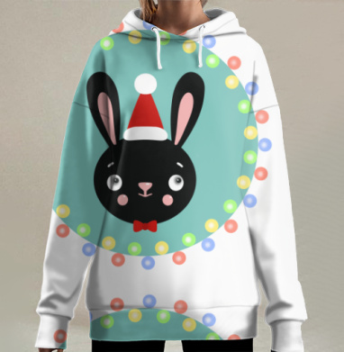 Черный заяц в новогодней шапке с огнями вокруг, Hoodie Long Oversize 3D