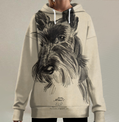 Scottish Terrier Шотландский терьер эскиз портрет черного пса, Hoodie Long Oversize 3D