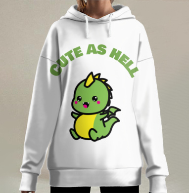 Милый зелёный дракон с юмористической надписью чертовски милый, Hoodie Long Oversize 3D