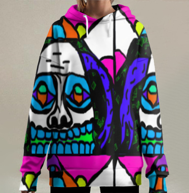Яркий контрастный череп с карнавальными элементами и глазами, Hoodie Long Oversize 3D