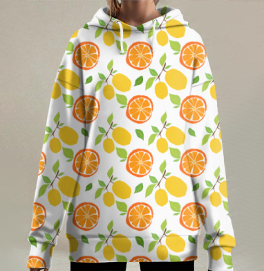 Цветочный узор с яркими апельсинами и лимонами на белом фоне, Hoodie Long Oversize 3D