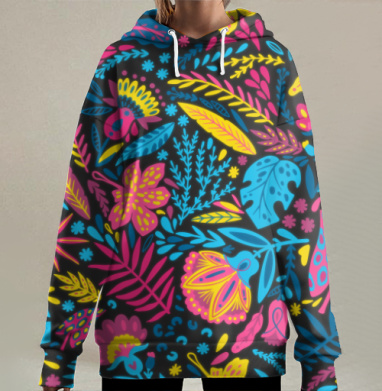 Яркий тропический узор с фантазийной флорой, Hoodie Long Oversize 3D