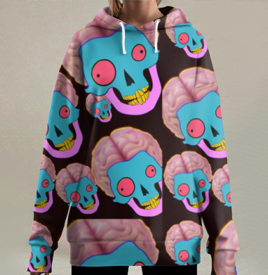 Неоновый череп мозг психоделик неоновый череп мозг, Hoodie Long Oversize 3D