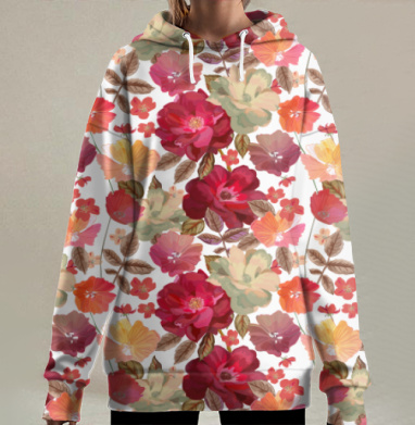 Элегантный цветочный узор на черном фоне, Hoodie Long Oversize 3D