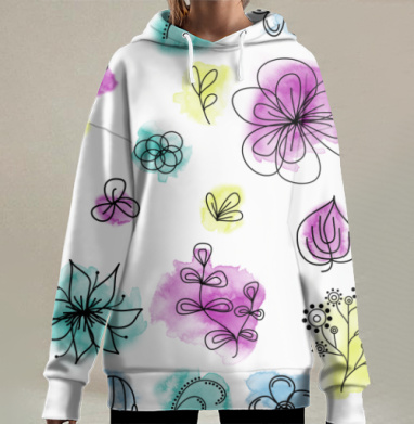 Нежный цветочный орнамент в пастельных оттенках свободных форм, Hoodie Long Oversize 3D