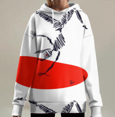 Динамичная черная птица на красном пятне на белом фоне, Hoodie Long Oversize 3D