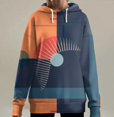 Гармония геометрических форм с оранжевым темно синим красным, Hoodie Long Oversize 3D