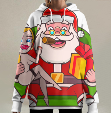 Веселый Санта Клаус и красивая Снегурочка на Рождество, Новый Год, Hoodie Long Oversize 3D