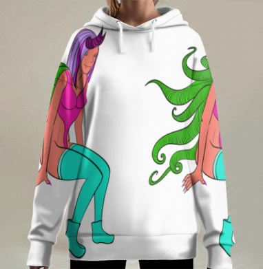 Яркая фантазийная девушка с рогами в зелено бирюзовом, Hoodie Long Oversize 3D