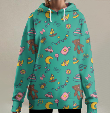 Детские игрушки мягкие цвета уют детство беззаботность, Hoodie Long Oversize 3D