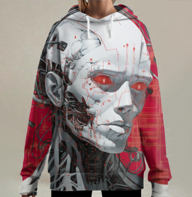 Киберпанк голова технологии будущее человек, Hoodie Long Oversize 3D