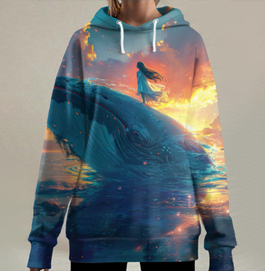 Девочка стоит на гигантском синем ките закатное небо, Hoodie Long Oversize 3D