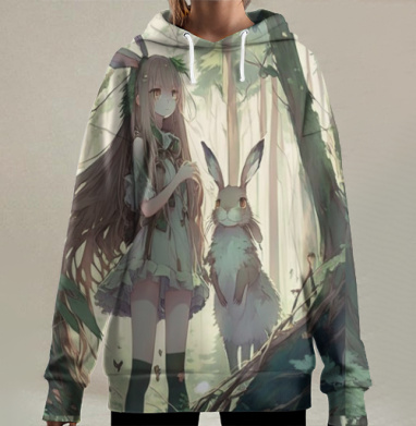 Девочка с зайцем в лесу атмосфера природы, Hoodie Long Oversize 3D