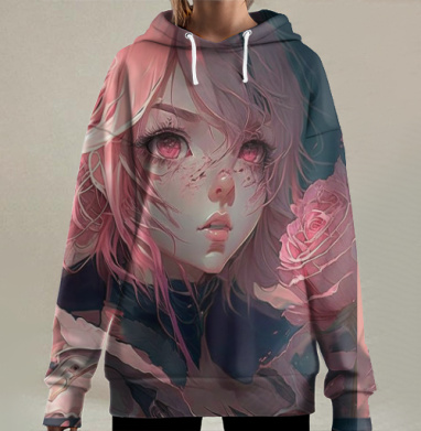 Розовые волосы девушка с розой держит цветок в руках, Hoodie Long Oversize 3D