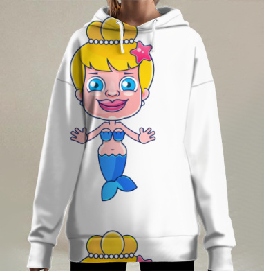 Мультяшная русалка с ярким хвостом и улыбкой на фоне, Hoodie Long Oversize 3D