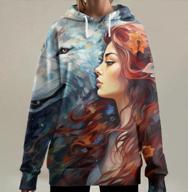 Девушка с волком красные волосы и ночное небо, Hoodie Long Oversize 3D