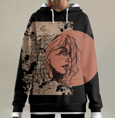 Девушка с рукописью терракота черный, Hoodie Long Oversize 3D