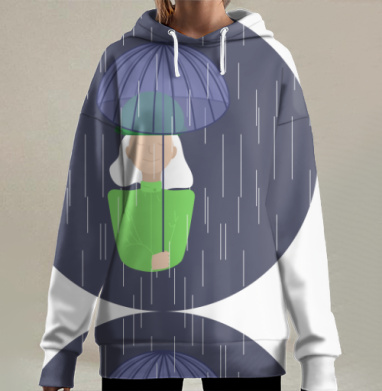 Девушка с зонтом под дождем спокойствие защита под зонтом, Hoodie Long Oversize 3D