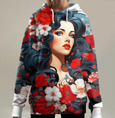 Женский портрет с синими волосами и красными цветами красными цветами, Hoodie Long Oversize 3D