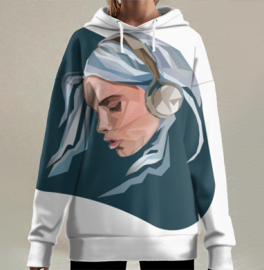 Девушка слушает музыку в наушниках на темном фоне, Hoodie Long Oversize 3D
