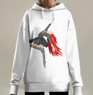 Танцующая девушка в черном красные волосы на сером фоне, Hoodie Long Oversize 3D