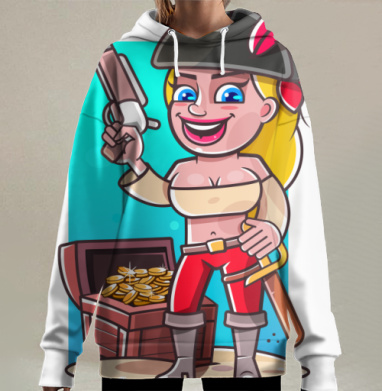 Девушка пират с золотом и пистолетом на фоне, Hoodie Long Oversize 3D