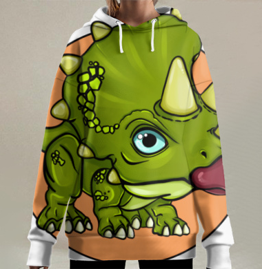 Зеленый маленький динозавр трицератопс с оранжевым цветом, Hoodie Long Oversize 3D